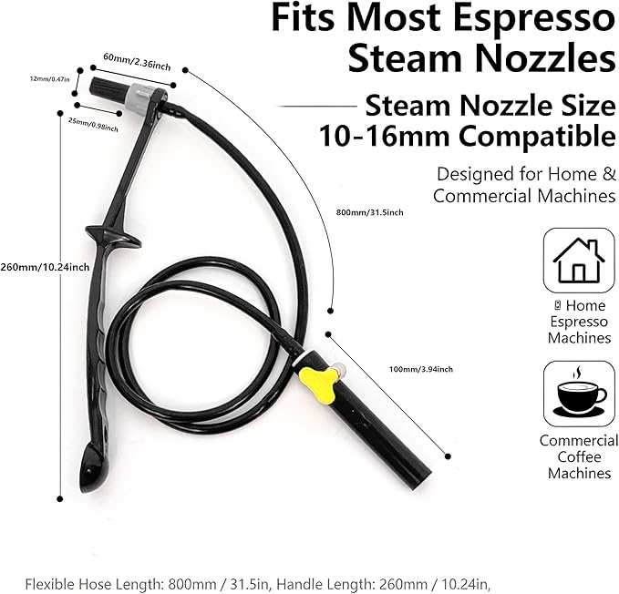 Coffee Machine Steam Brush, 36 Inch Silicone Hose Espresso Steam Wand Cleaning Tool with Spoon End for Barista Espresso Maintenance (Black+One replacement head + two hose clamps)