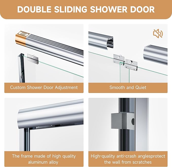 Shower Door 50-54 in. W x 72 in. H, UCALAFEE Semi-Frameless Double Sliding Shower Door with 1/4" (6mm) SGCC Clear Tempered Glass, Silent Soft-Close & Anti-Leak Walk-in Shower Door, Chrome Finish