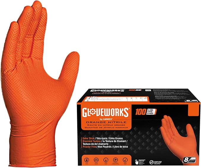 GLOVEWORKS 8 Mil Orange Nitrile Disposable Gloves Heavy Duty Industrial RDT for Mechanic and Automotive Shops Latex Free