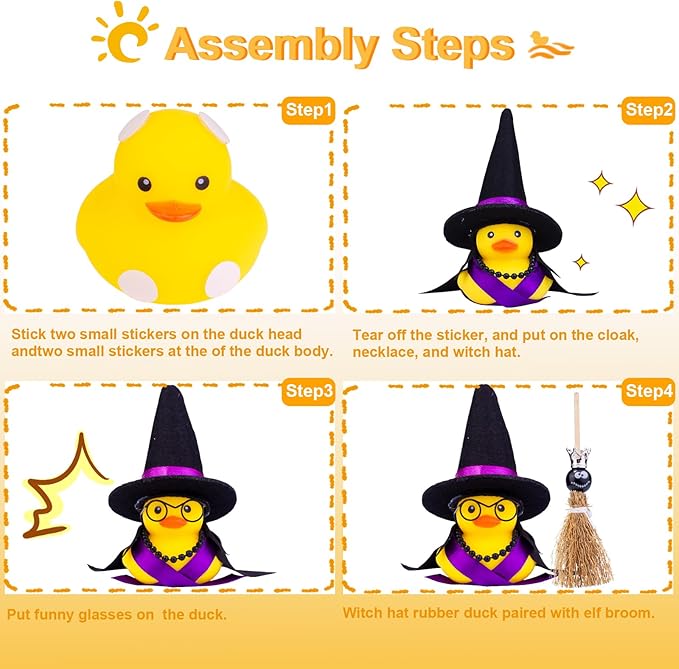 Halloween Duck Car Ornament, Rubber Duck Car Dashboard Decor with Mini Witch Hat Sash Glasses Cloak Mini Broom