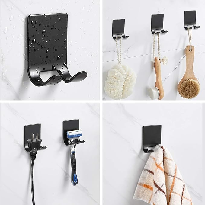 Razor Holder Shaver Hook Hanger Stand Caddy (4 Pack) Self Adhesive Stick on Hook Heavy Duty Stainless Steel Phone Holder for Shower, Tools for Hanging Washcloth Towel Loofah for Bathtub Wall, Black