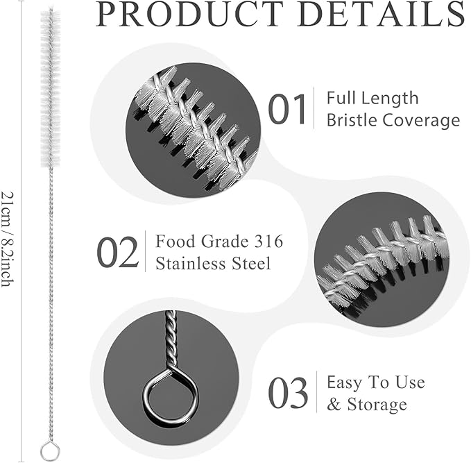 10Pcs Straw Cleaner Brush, Reusable Metal Handles Straw Cleaner Brush Extra Long for Stanley Mug 40, 30, 20 oz, 10mm 20mm Wide for Sippy Cup, Water Bottle and Tubes Pipe