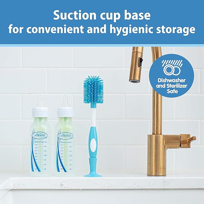 Dr. Brown's Soft Touch No Scratch Baby Bottle Cleaning Brush, Nipple Cleaner and Suction Cup Base for Easy Storage, BPA Free, Blue, 24 Pack
