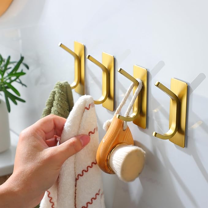 Taozun Adhesive Hooks - Brushed Gold Towel Hooks, Stainless Steel Stick on Wall Hooks Holder for Hanging Robe Sponges in Bathroom and Bedroom