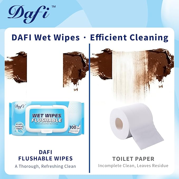 DAFI Flushable Wipes for Adult Wet Wipes, Total 300 Unscented Toilet Wipes Flushable, No Alcohol & 100% Plant Based Fibers, Septic and Sewer Safe Pack of 3