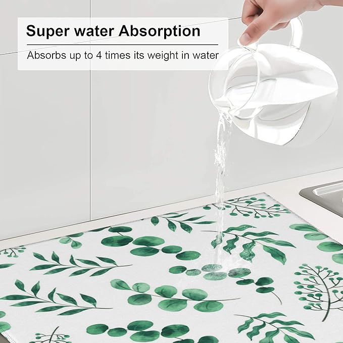 Watercolor Plant Green Leaves Dish Drying Mat for Kitchen Counter, 16"x18" Microfiber Absorbent Fast Dry Mat, 2Pcs Dish Mat Faucet Mats Sets, Large Drying Kitchen Mat Kitchen Drying Pad