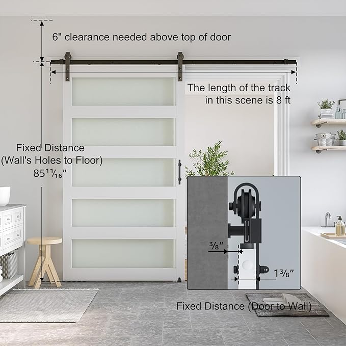 SmartStandard 48 x 84 in Glass Barn Door with 8FT Sliding Hardware Kit & Handle, Pre-Drilled Ready to Assemble, Waterproof PVC Coating, White, 5-Panel Glass