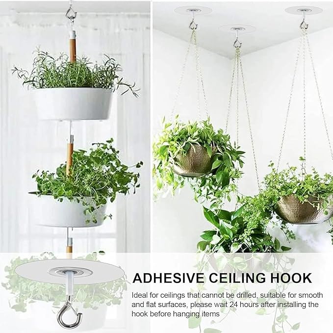 Adhesive Ceiling Hook - Weight-Bearing Stick-On Ceiling Hook, Sticky | Drill Free Hanging Hook with Safety Clasp, Water Resistant for Plants Chimes Storage