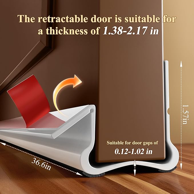 36.6 in Under Door Draft Stopper Reusable Self-Adhesive Door Sweep with Triple Seal Technology Soundproof Felt Flexible Gap Filler for Interior Exterior Doors Noise Reducing Door Seal Gray