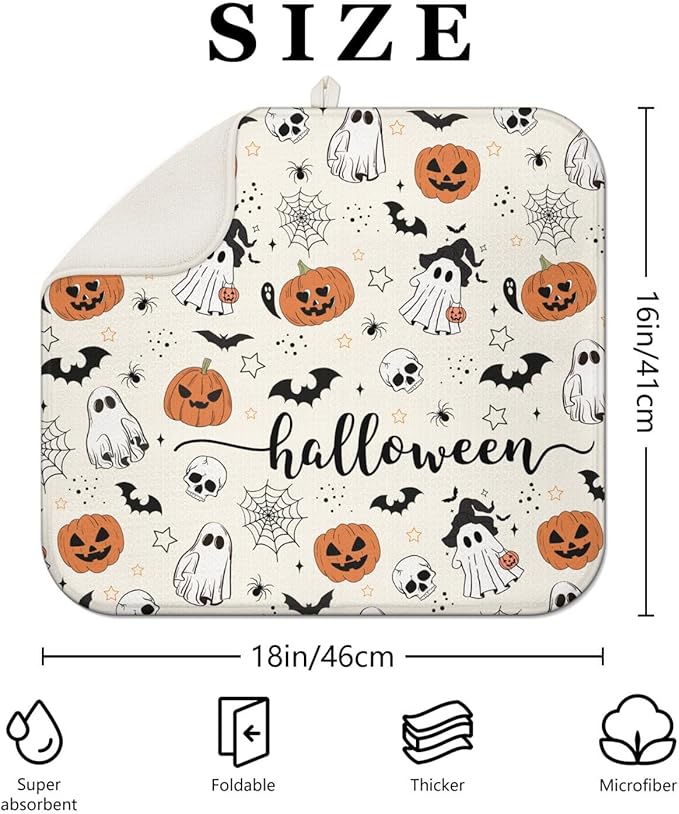 Halloween Dish Drying Mat for Kitchen Counter,Horror Halloween Pumpkin Skull Ghost Pattern Microfiber Drying Mat,Washable Absorbent Countertop Holiday Dish Mat Drain Pad,16x18Inch