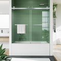 60" x 59" Frameless Sliding Shower Door for Bathtub, Dual 1/4" Brushed Tempered Glass Panels, Stainless Steel Square Top Rail & Dual Handles, Smooth Bi-Directional Sliding, Space-Efficient