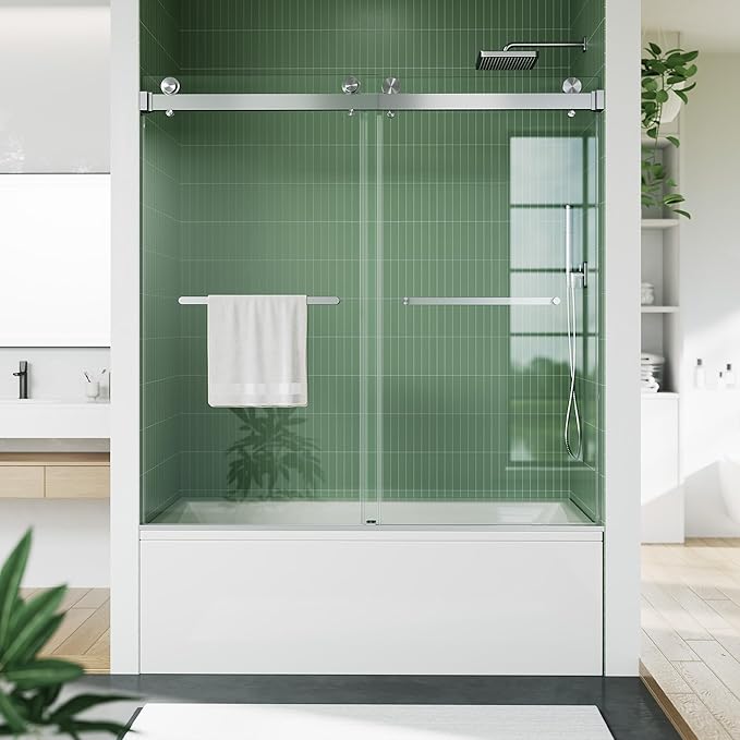 60" x 59" Frameless Sliding Shower Door for Bathtub, Dual 1/4" Brushed Tempered Glass Panels, Stainless Steel Square Top Rail & Dual Handles, Smooth Bi-Directional Sliding, Space-Efficient