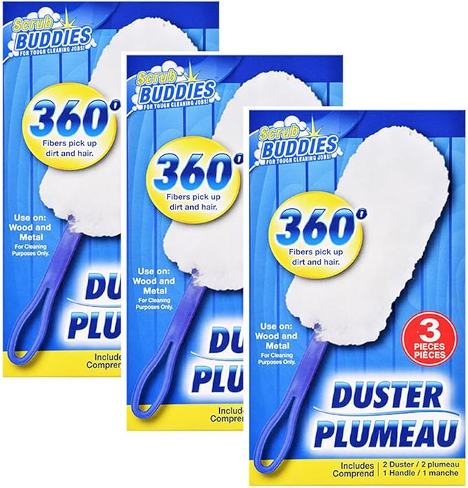 3 Packs Scrub Buddies 360 Degree Static Dusters 3 Handles 6 Dusters Clean Wood and Metal