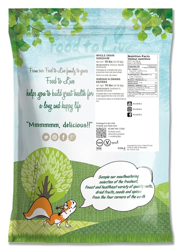 Food to Live Italian White Whole Grain Sorghum, 10 Pounds – Premium White Groats. Raw Milo Seeds. Vegan, Bulk Broom-corn. Durra is Great for Making Flour and Popped Jowar Dhani