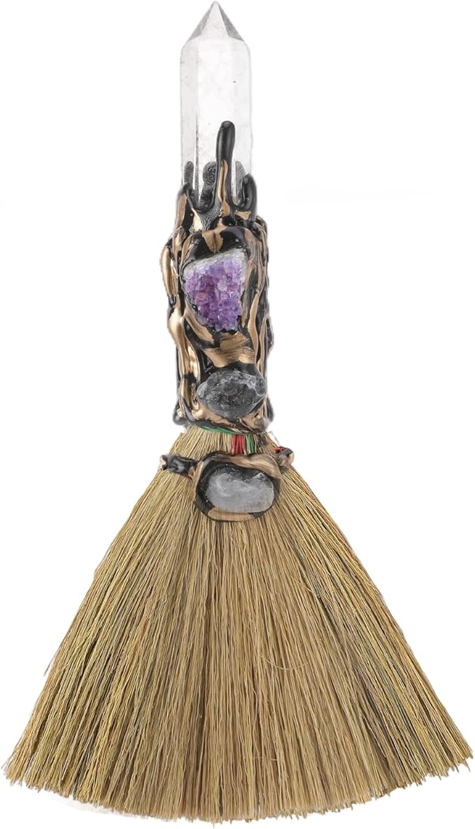 White Crystal Witch Broom - Witchcraft Supplies Mini Witches Broomstick with Amethyst Clusters Altar Supplies with Natural Healing Crystals Wiccan Supplies Prayers Meditation Therapy Decor