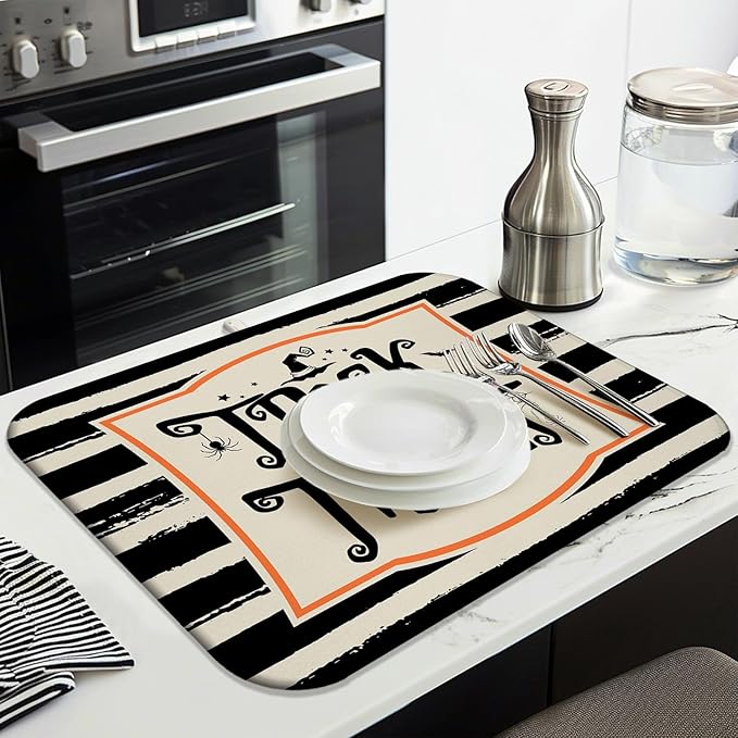 Halloween Dish Drying Mat for Kitchen Counter, Halloween Trick or Treat Microfiber Drying Mat,Distressed Black and White Background Washable Absorbent Countertop Holiday Dish Mat Drain Mat,18x24 Inch