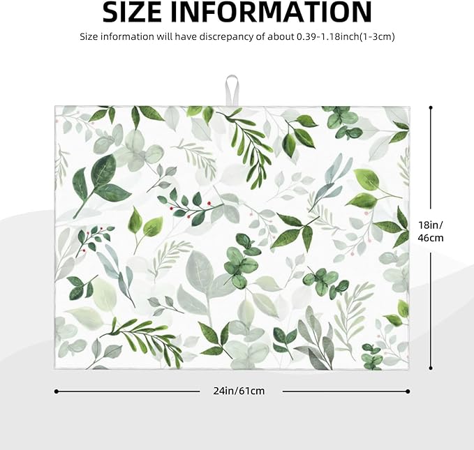 Green Leaves Dish Drying Mat 18x24 inches Microfiber Absorbent Fast Dry Mat for Kitchen Counter Coffee Bar Green Plants Large Drying Mat Kitchen Decor Gifts (Green Leaves, 18x24 inches)