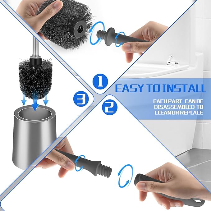 Toilet Brush and Holder 3 Pack with Long Handle - Non-Slip Grip Toilet Bowl Brush Set for Deep Cleaning Bathroom, Toilet Scrubber- Gray