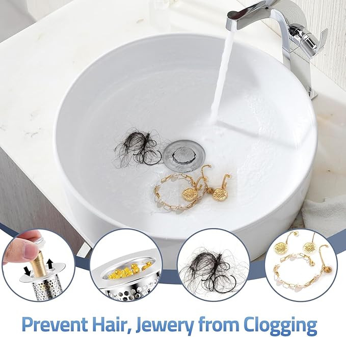 3Pcs 3-in-1 Bathroom Sink Stopper Hair Catcher for 1.15-1.6 in, Universal Stainless Steel Drain Strainer, Pop-Up Bathroom Sink Stopper with Basket