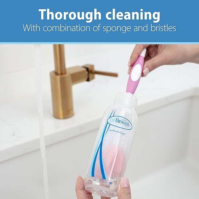 Dr. Brown's Reusable Sponge Baby Bottle Cleaning Brush with Suction Cup Stand, Scrubber and Nipple Cleaner, BPA-Free, Blue/Gray/Pink, 3-Pack