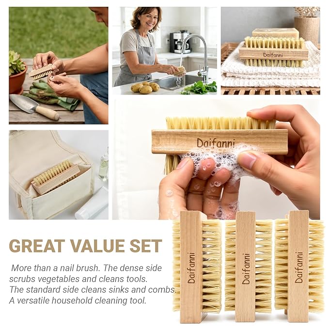 Wooden Nail Brush, Double-Sided Fingernail Scrub Brush for Cleaning Under Nails, Multi-Purpose Natural Wood Hand Scrubber for Dirt, Grease, and Daily Care 3 Pack (Natural)