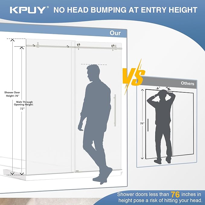 KPUY Frameless Shower Door, 49-54" W x 76" H Sliding Glass Shower Door, 1/4" (6mm) Thick Tempered Clear Glass with Explosion-Proof Film Nano Coating, Stainless Steel Hardware, Brushed Nickel