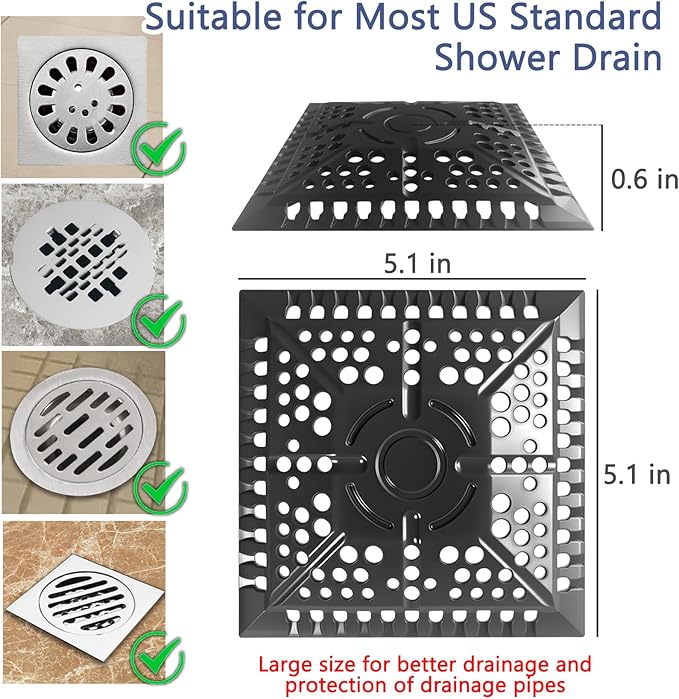 Shower Drain Hair Catcher, Square Silicone Shower Drain Cover for 4in Shower Room Floor Drain Protector, Dark Grey