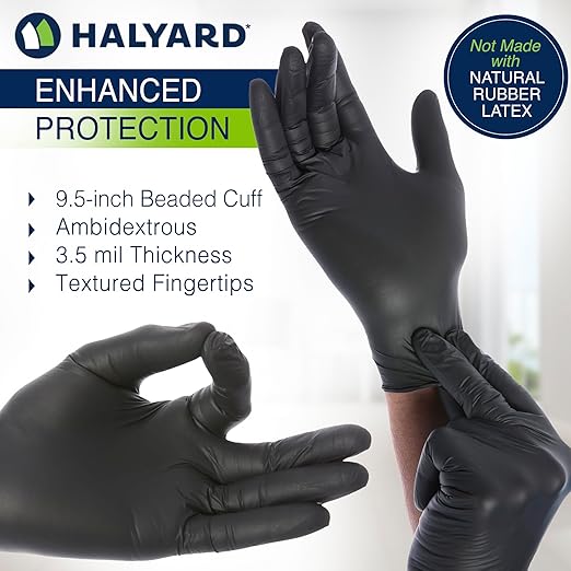 HALYARD Black Disposable Nitrile Exam Gloves Powder Free Medical, Dental, Cleaning, Tattoo, Food Safe, 3.5 mil, Size X-Large, Box of 100