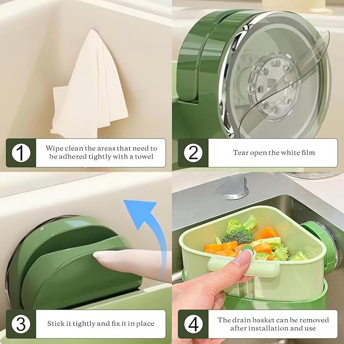 2PCS 2025 Upgraded Sink Corner Dish Rack with Suction Cups, Automatic Dumping Strainer Basket, Sponge Storage & Food Waste Catcher, Multi-Functional Kitchen Organizer