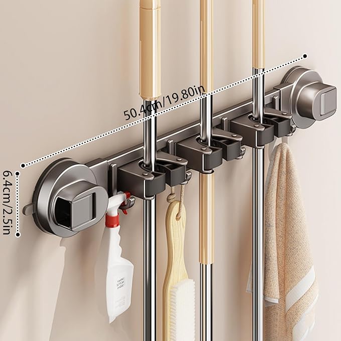 Wall-mounted Mop Holder for Bathrooms, Storage Rack Suitable for Bathrooms, Kitchens, Garages, Gardens, and Laundry Rooms (2 Clips & 3 Hooks/17.6cm)