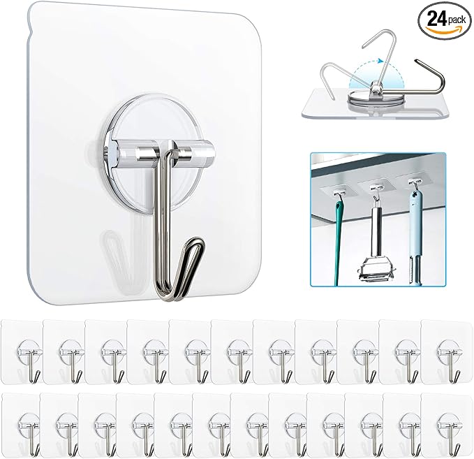 Adhesive Hooks Removable Wall Hook 13 LB Ceiling Hooks Transparent Seamless Waterproof and Oil Proof for Cabinet Kitchen Bathroom Ceiling Office Window 24 Pack