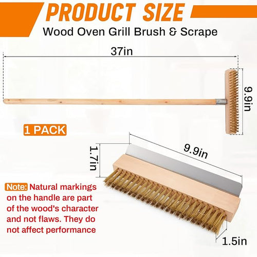 1 Pack 37 Inch Wood Handle Pizza Oven Brush with Scraper Outdoor Pizza Oven Cleaning Brush Tool, Aluminum Threaded Tip, Brass Bristles with Steel Scraper
