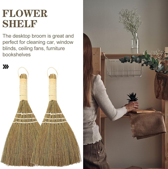 10" Whisk Broom Set of 2, Handheld Straw Broom, Natural Corn Brooms, Portable Wooden Dust Duster for Car, Table, Furniture, Decorative Rustic Sweeper for Home, Garden, Xmas Decor