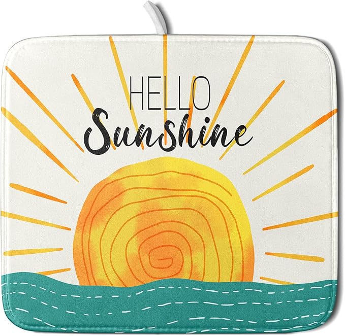 Summer Seaside Sunset over Sea Dish Drying Mat for Kitchen Counter,Hello Sunshine Drying Mat 16 x 18 Inch with Absorbent Reversible Microfiber Drying Pad for Coffee Bar