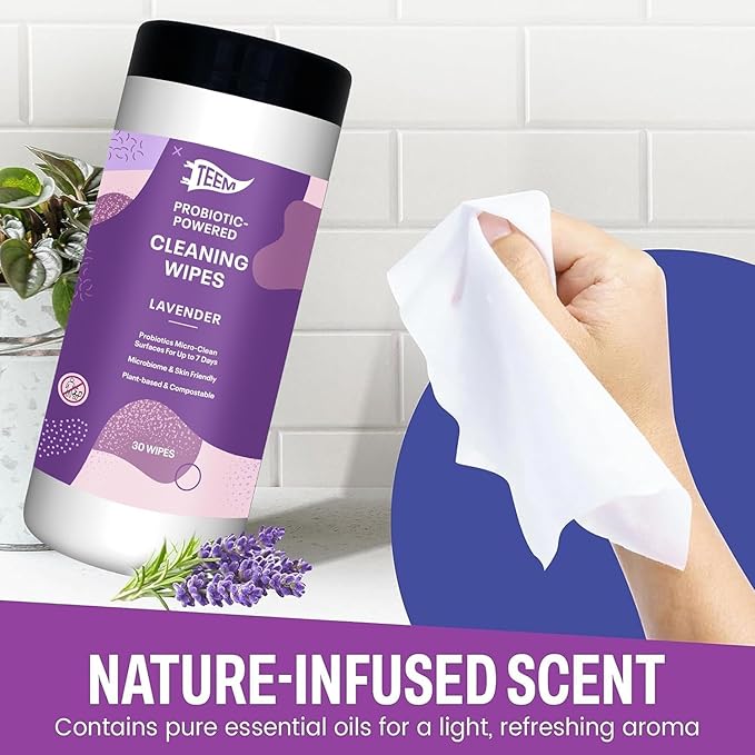 TEEM Probiotic Cleaning Wipes with Lavender Essential Oil, Microcleans Surfaces for up to 7 Days, Home Compostable & Biodegradable, Multi Surface Wipes by SCD Probiotics, 30 Count (Pack of 6)