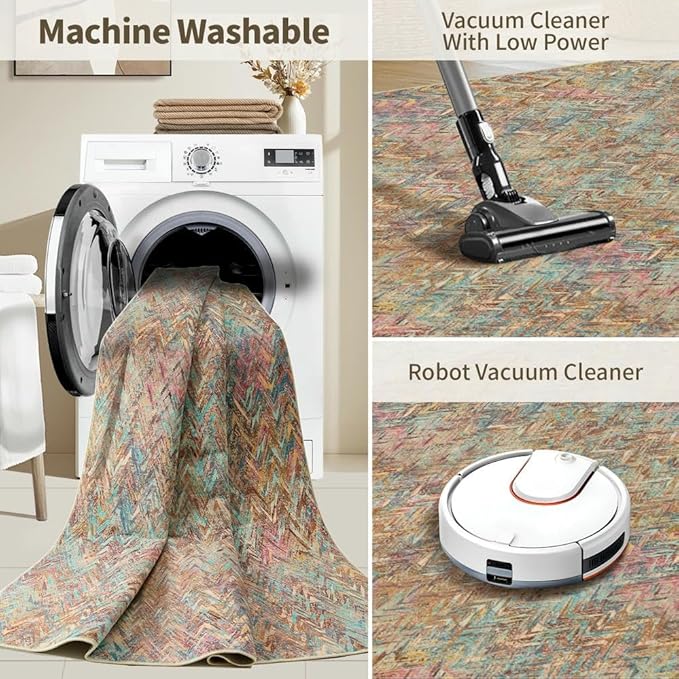 5x7 Washable Area Rugs for Bedroom & Living Room - Floral Boho Vintage Rug,Soft & Non-Slip,Low Pile Wool Carpet for Indoor Dining Room,Girls Room,Nursery Room and Kids Room(Boho Multi)