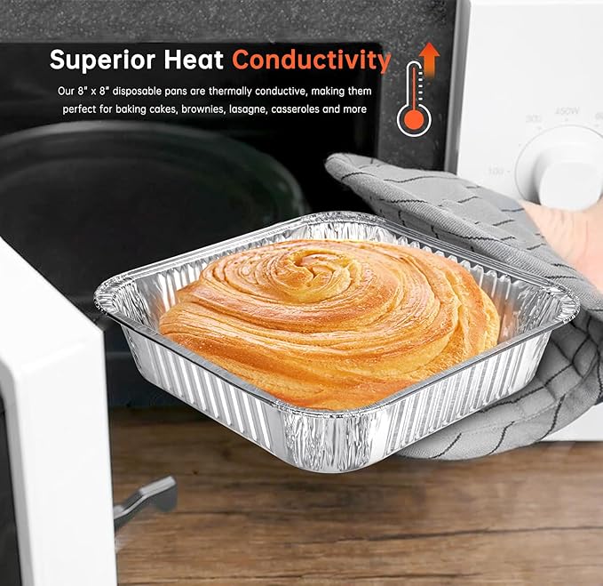 8x8 Aluminum Pans - 20 Pack Disposable Foil Pans, Aluminum Roasting Trays for Holiday Cooking, Parties Meal Prep, Storage, Heating and Baking