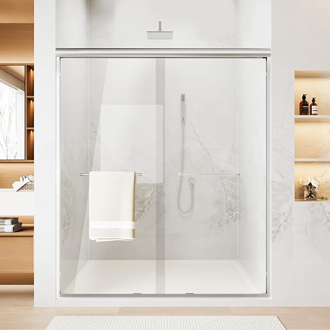 50-54" W x 70" H Double Sliding Shower Door, Semi-Frameless Shower Door with 1/4"(6mm) Clear Tempered Glass, Silent Soft-Close Door for Walk-in Shower, Brushed Nickel