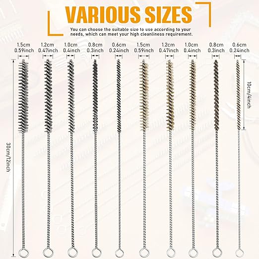 10 Pieces Wire Tube Brushes Bulk for Cleaning Pipe Tube Brass Stainless Steel Round Wire Brush for Auto Parts Christmas, Bottles, Tubes, 5 Sizes(Silver) (Silver Gold)