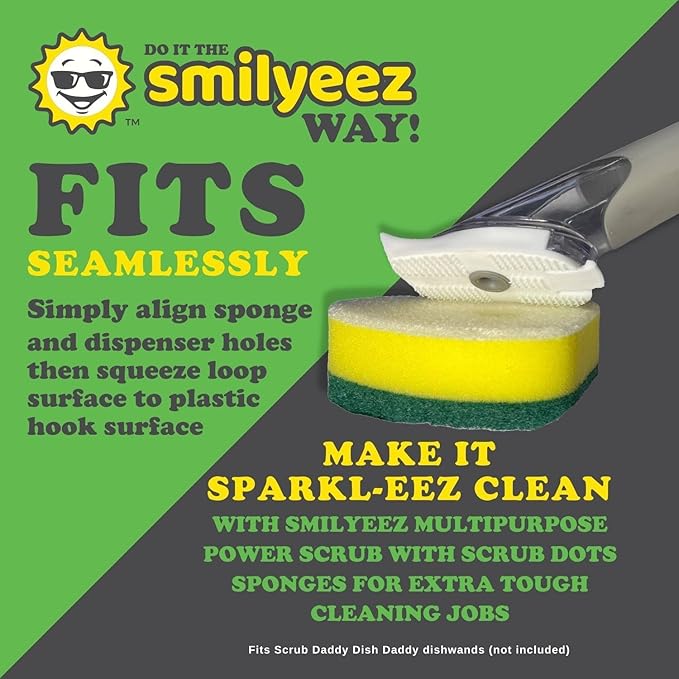 Smilyeez Green Dotted Heavy Duty Scrubbing Sponge Refill for use with The Dish Daddy (Reg. TM) Dishwand (10 Pack) – Replacement Head - Ideal for Dishwashing and Kitchen Cleaning
