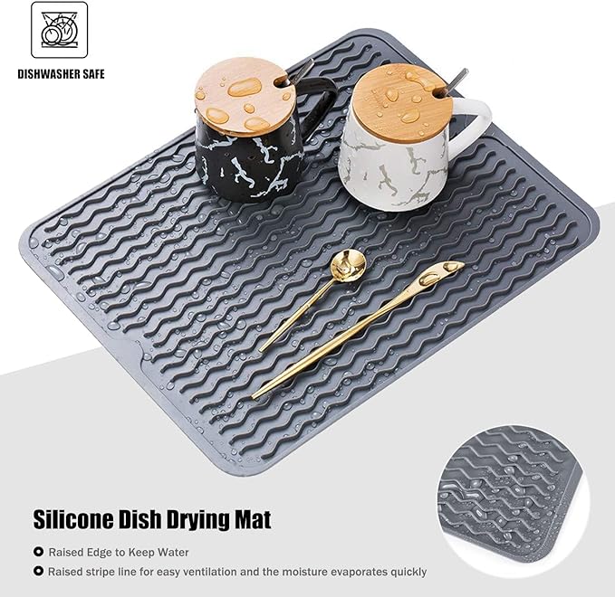 Large 24" x 18" Silicone Dish Drying Mat for Kitchen Counter, Easy clean, Quick Dry, Heat-resistant Dish Drainer Mat for Sink,Refrigerator or Drawer liner (Food Grade Silicone-White)
