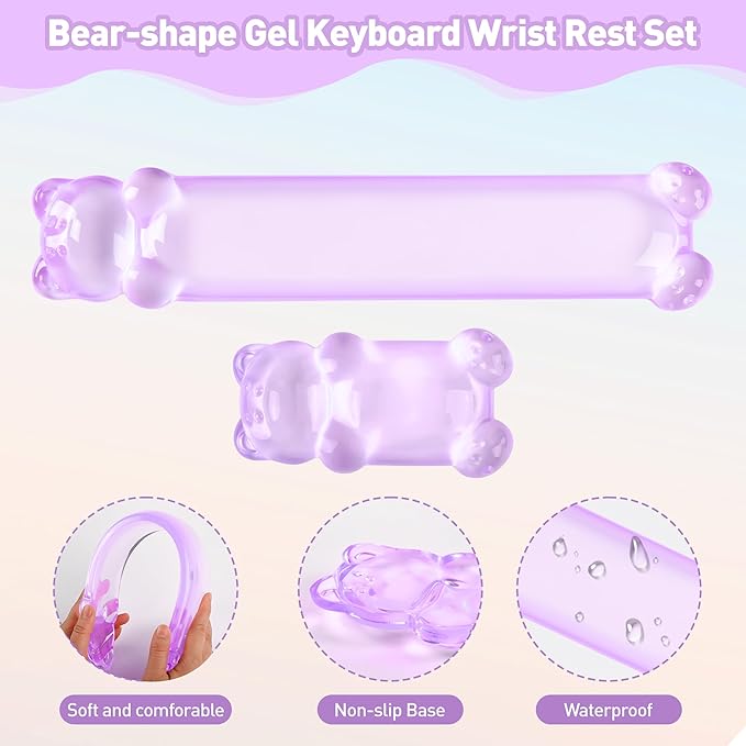 Gel Keyboard and Mouse Wrist Rest Set – Clear Wrist Rest for Computer Keyboard 60%/68%/75%, Comfort & Support for Typing and Gaming(Cute Purple Bear)