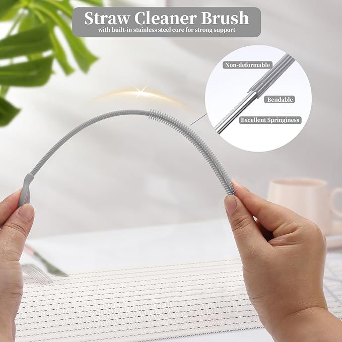 2Pcs Silicone Straw Cleaning Brushes, Extra Long, Used for Cleaning Glass Metal Smoothie Straws and StrawCups,Non-Slip Handle Soft and Bendable, 6mm+9mm. (Gray)