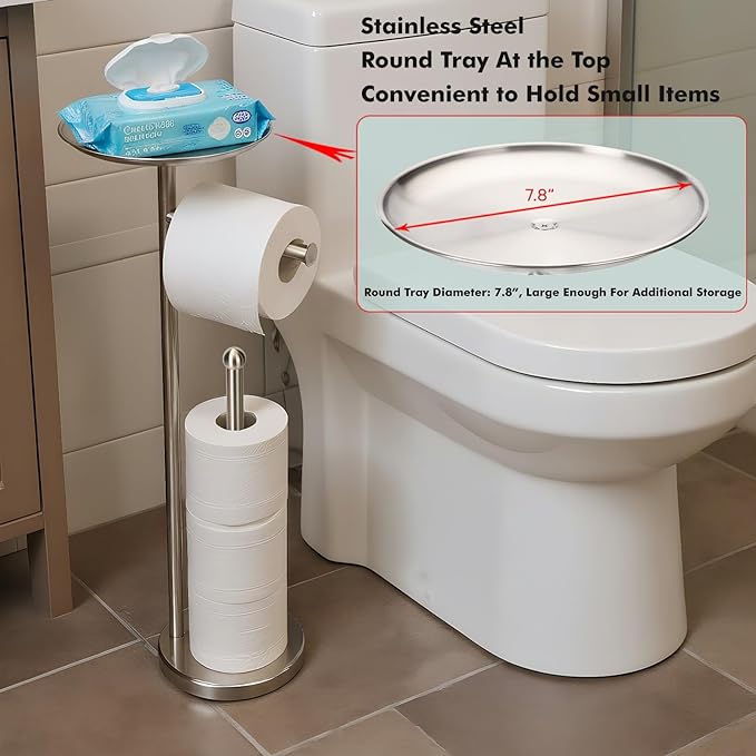 Freestanding Toilet Paper Holder with Shelf, Toilet Paper Stand with Storage for Holding Extra 4 Toilet Paper Rolls (Brushed Nickel)