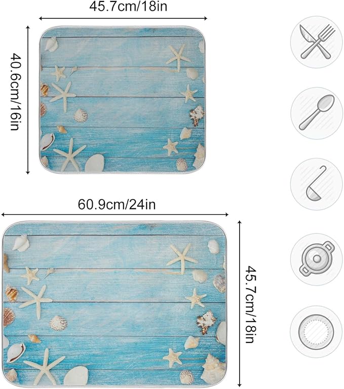 Seashells Starfish Dish Drying Mat for Kitchen Counter Super Absorbent Dish Mat Drying Kitchen Mat 16X18 inch Dish Drying Matt for Kitchen Dish Drying Mat