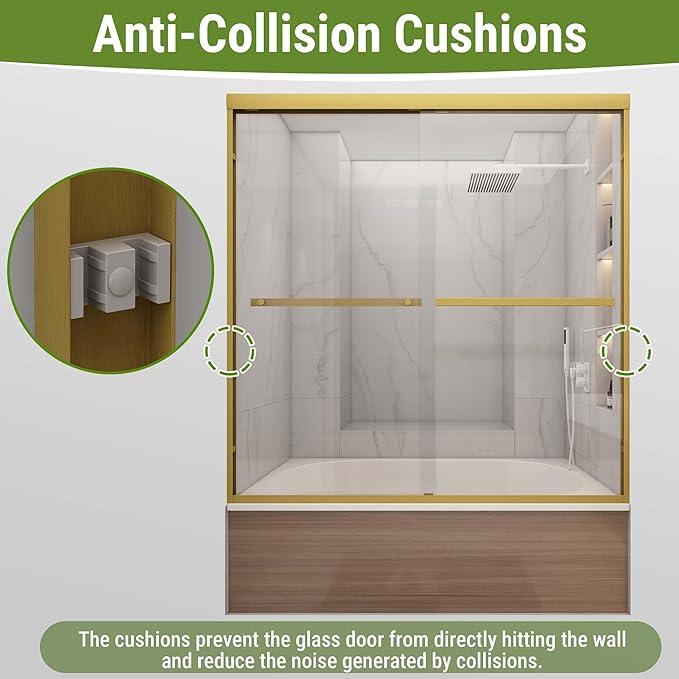 Tub Shower Door 56-60" W x 60" H,Brushed Gold Bathtub Door with 1/4"(6mm) Tempered Glass,Bathtub Shower Door Easy to Clean