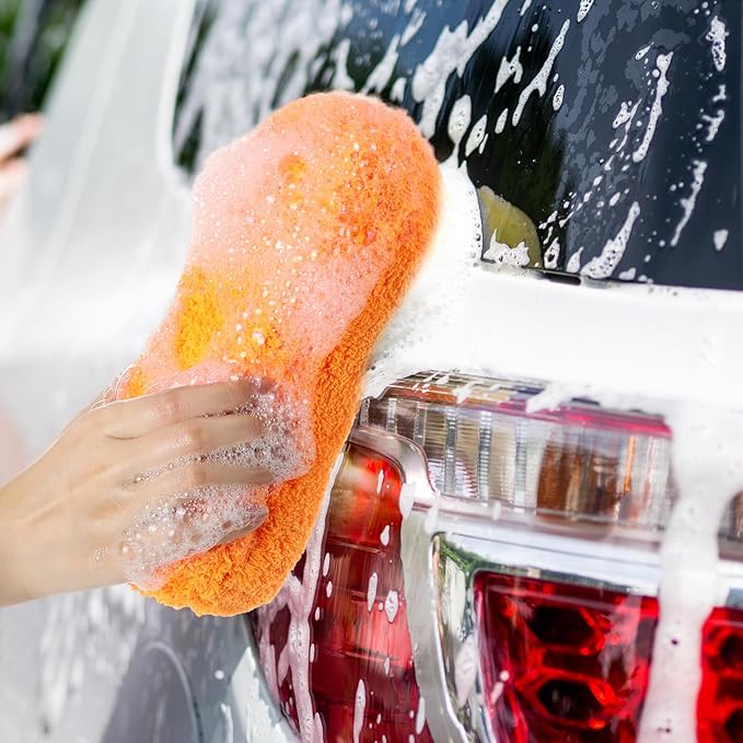 Tanlade 2 Pcs 2 Pack Large Microfiber Car Wash Sponge for Cleaning, Non Scratch Microfiber Sponges for Car Washing Supplies, Trucks and Motorcycles (Orange)