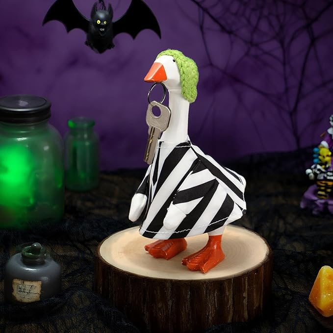 Abbylike Thanksgiving Mini Desk Goose Outfits 7 Inch Magnetic Silly Goose Statue Candy Corn Costume with Witch Hat and Broom for Halloween Magnetic Duck Statue Desk Key Holder Decor(Black Suit)