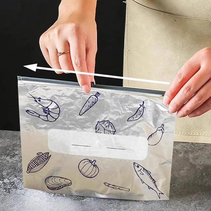 Reusable Aluminum Foil Sealable Storage Bags, 2025 New Resealable Vacuum Zipper Pouches for Food, Stand Up Foil Sealable Bags with Label and Zip Lock for Vegetable Fruit Meat (10PCS, Small)
