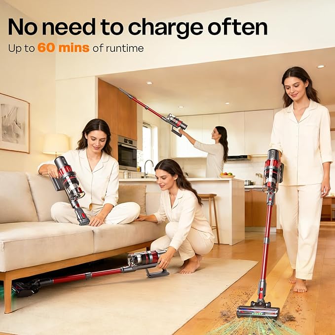 Cordless Vacuum Cleaner, 600W/50KPA, Up to 60 Minutes, Stick Vacuum with Rechargeable Design, Powerful Suction, Lightweight, Vacuum Cleaner for Home/Pet Hair/Carpet/Hard Floor, Red